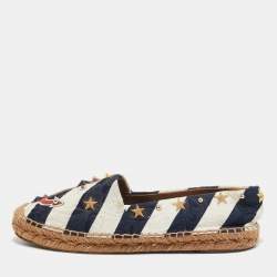 Pre Owned Dolce & Gabbana Navy Blue/White Stripe Fabric Star Studded Anchor Espadrille Flats Size 39