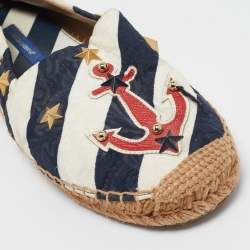 Pre Owned Dolce & Gabbana Navy Blue/White Stripe Fabric Star Studded Anchor Espadrille Flats Size 39