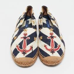 Pre Owned Dolce & Gabbana Navy Blue/White Stripe Fabric Star Studded Anchor Espadrille Flats Size 39