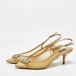 Pre Owned Dolce & Gabbana Yellow Mesh and Leather Crystal Embellished Slingback Pumps Size 39