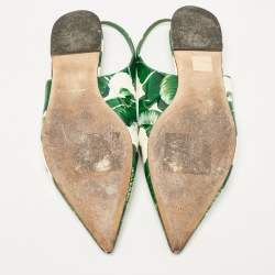 Pre Owned Dolce & Gabbana Green/White Leaves Print Patent Leather Slingback Flats Size 38.5