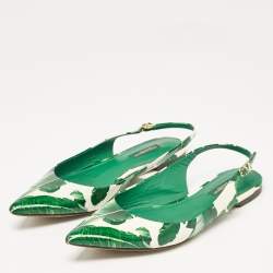 Pre Owned Dolce & Gabbana Green/White Leaves Print Patent Leather Slingback Flats Size 38.5