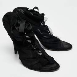 Dolce & Gabbana Black Mesh and Satin Lace Up Peep Toe Booties Size 40