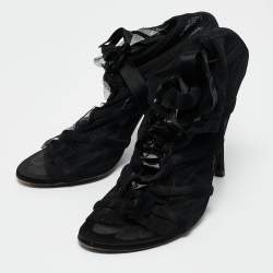 Dolce & Gabbana Black Mesh and Satin Lace Up Peep Toe Booties Size 40