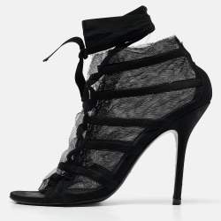 Dolce & Gabbana Black Mesh and Satin Lace Up Peep Toe Booties Size 40