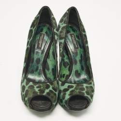 Dolce & Gabbana Green Calf Hair Peep Toe Pumps Size 37.5