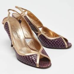 Pre Owned Dolce & Gabbana Purple/Gold Leather and Python Leather Slingback Sandals Size 37.5