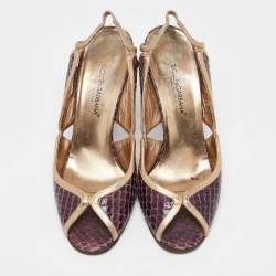 Pre Owned Dolce & Gabbana Purple/Gold Leather and Python Leather Slingback Sandals Size 37.5