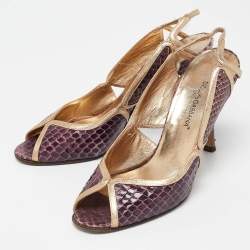 Pre Owned Dolce & Gabbana Purple/Gold Leather and Python Leather Slingback Sandals Size 37.5