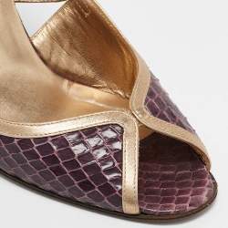 Pre Owned Dolce & Gabbana Purple/Gold Leather and Python Leather Slingback Sandals Size 37.5