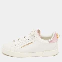 Pre Owned Dolce & Gabbana White/Pink Leather Portofino Pearl Embellished Low Top Sneakers Size 37