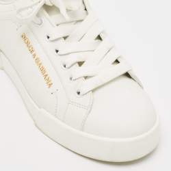 Pre Owned Dolce & Gabbana White/Pink Leather Portofino Pearl Embellished Low Top Sneakers Size 37