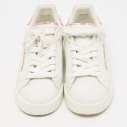 Pre Owned Dolce & Gabbana White/Pink Leather Portofino Pearl Embellished Low Top Sneakers Size 37