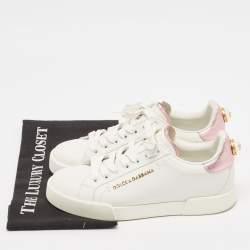 Pre Owned Dolce & Gabbana White/Pink Leather Portofino Pearl Embellished Low Top Sneakers Size 37