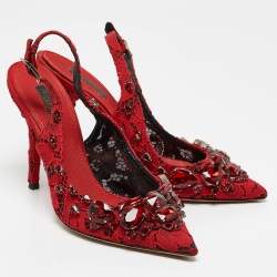 Dolce & Gabbana Red Lace and Mesh Crystal Embellished Slingback Pumps Size 37