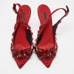 Dolce & Gabbana Red Lace and Mesh Crystal Embellished Slingback Pumps Size 37
