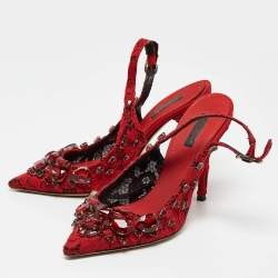Dolce & Gabbana Red Lace and Mesh Crystal Embellished Slingback Pumps Size 37