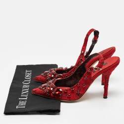 Dolce & Gabbana Red Lace and Mesh Crystal Embellished Slingback Pumps Size 37