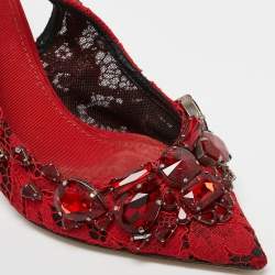 Dolce & Gabbana Red Lace and Mesh Crystal Embellished Slingback Pumps Size 37