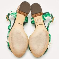 Dolce & Gabbana Green Satin and Fur Banana Embellished T-Strap Sandals Size 39