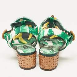 Dolce & Gabbana Green Satin and Fur Banana Embellished T-Strap Sandals Size 39