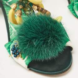 Dolce & Gabbana Green Satin and Fur Banana Embellished T-Strap Sandals Size 39