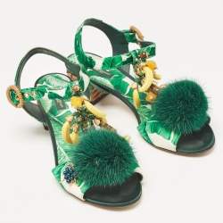 Dolce & Gabbana Green Satin and Fur Banana Embellished T-Strap Sandals Size 39