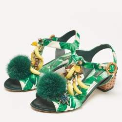Dolce & Gabbana Green Satin and Fur Banana Embellished T-Strap Sandals Size 39