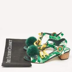 Dolce & Gabbana Green Satin and Fur Banana Embellished T-Strap Sandals Size 39