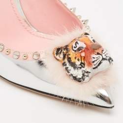 Pre Owned Dolce & Gabbana Silver Fur and Leather Tiger Embellished Pumps Size 38