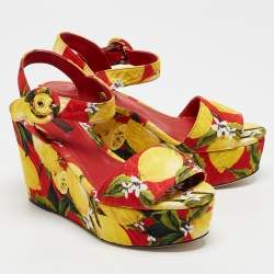 Dolce & Gabbana Multicolor Printed Fabric Ankle Strap Platform Wedge Sandals Size 35