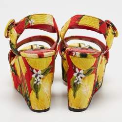 Dolce & Gabbana Multicolor Printed Fabric Ankle Strap Platform Wedge Sandals Size 35