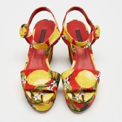Dolce & Gabbana Multicolor Printed Fabric Ankle Strap Platform Wedge Sandals Size 35