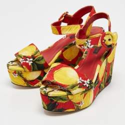 Dolce & Gabbana Multicolor Printed Fabric Ankle Strap Platform Wedge Sandals Size 35