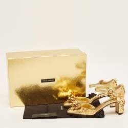 Pre Owned Dolce & Gabbana Gold Leather Embellished Ankle Strap Sandals Size 35