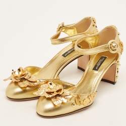Pre Owned Dolce & Gabbana Gold Leather Embellished Ankle Strap Sandals Size 35
