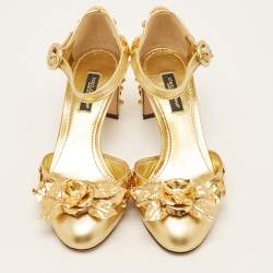 Pre Owned Dolce & Gabbana Gold Leather Embellished Ankle Strap Sandals Size 35