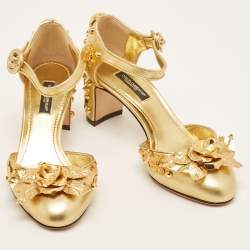 Pre Owned Dolce & Gabbana Gold Leather Embellished Ankle Strap Sandals Size 35