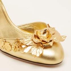 Pre Owned Dolce & Gabbana Gold Leather Embellished Ankle Strap Sandals Size 35