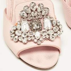 Pre Owned Dolce & Gabbana Pink Lizard Embossed Leather Crystal Embellished Slide Sandals Size 37