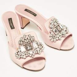 Pre Owned Dolce & Gabbana Pink Lizard Embossed Leather Crystal Embellished Slide Sandals Size 37