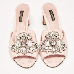 Pre Owned Dolce & Gabbana Pink Lizard Embossed Leather Crystal Embellished Slide Sandals Size 37