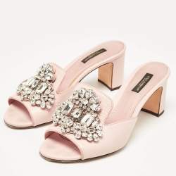 Pre Owned Dolce & Gabbana Pink Lizard Embossed Leather Crystal Embellished Slide Sandals Size 37