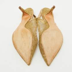 Pre Owned Dolce & Gabbana Gold Lace and Leather Slingback Pumps Size 39.5
