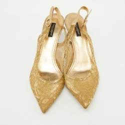 Pre Owned Dolce & Gabbana Gold Lace and Leather Slingback Pumps Size 39.5