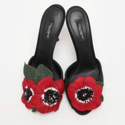 Pre Owned Dolce & Gabbana Black Satin Floral Applique Slide Sandals Size 38.5