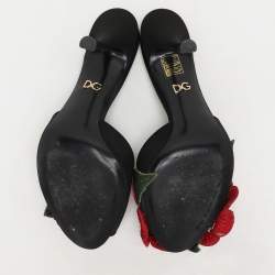Pre Owned Dolce & Gabbana Black Satin Floral Applique Slide Sandals Size 38.5
