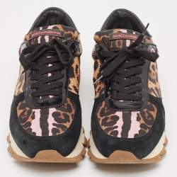 Pre Owned Dolce & Gabbana Black/Brown Suede and Leopard Print Fabric Low Top Sneakers Size 39