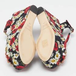 Dolce & Gabbana Red Floral Print Brocade Fabric Wedge Sandals Size 35