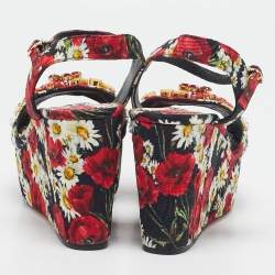 Dolce & Gabbana Red Floral Print Brocade Fabric Wedge Sandals Size 35